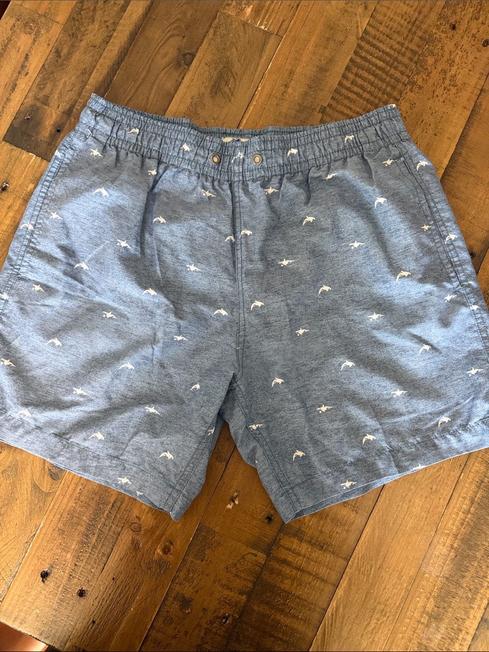Blue Chambray Swim/Board Shorts with White Dolphin Print
